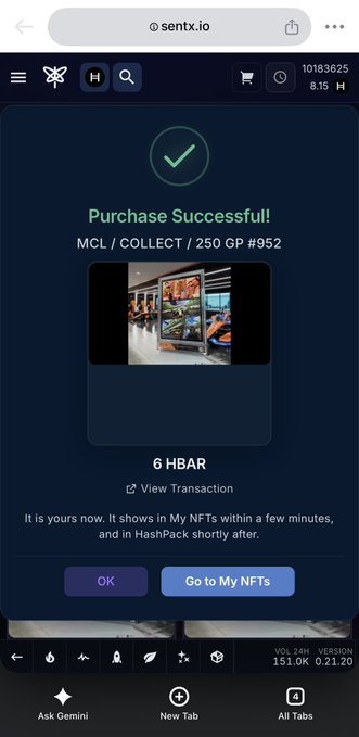A mobile browser page for “sentx.io” displays “Purchase Successful! MCL / COLLECT / 250 GP #952,” an NFT preview, “6 HBAR,” “View Transaction,” and buttons labeled “OK” and “Go to My NFTs.”
