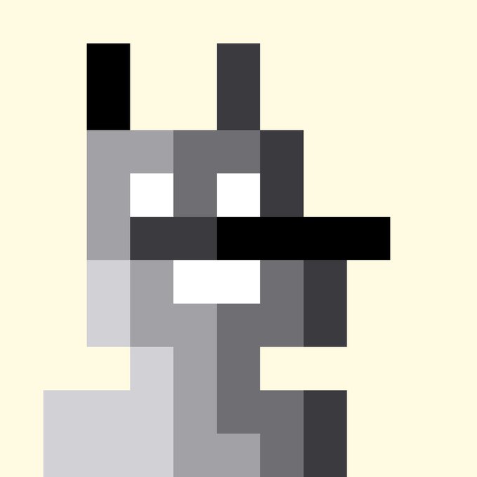 A heavily pixelated, grayscale image resembling a Minecraft-style character against a pale yellow background.