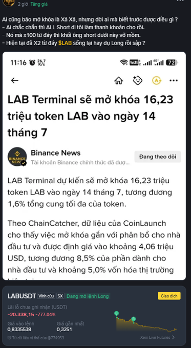 A Vietnamese-language news screenshot about a LAB token unlock, with text including "LAB Terminal sẽ mở khóa 16,23 triệu token LAB vào ngày 14 tháng 7" and a price chart for "LABUSDT" showing a -77.04% decrease.