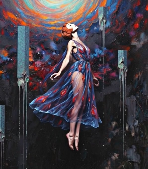 A surreal painting depicting a woman in a flowing blue and red dress floating beneath a swirling, cosmic vortex, with melting, dripping structures against a dark, textured background.