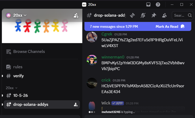 A Discord screenshot from server '20xx' showing the '#drop-solana-add' channel with users sharing wallet addresses for airdrops.