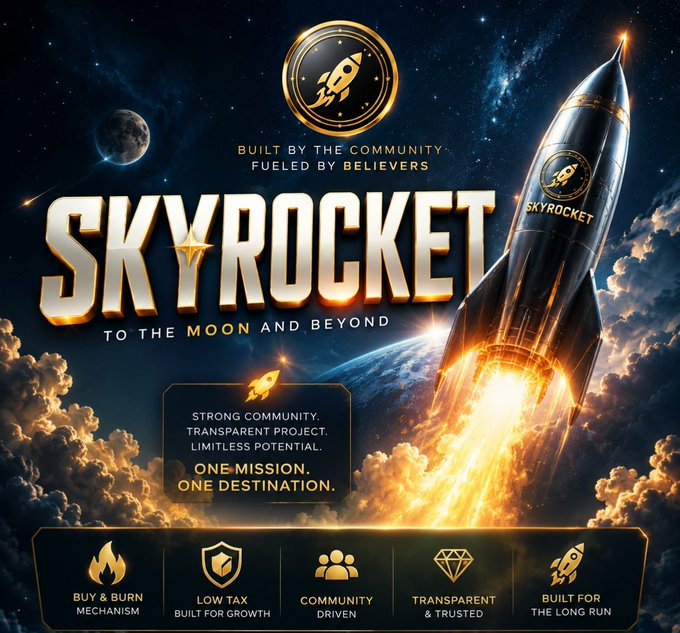 A promotional graphic for the "SKYROCKET" crypto project with the tagline "BUILT BY THE COMMUNITY, FUELED BY BELIEVERS — TO THE MOON AND BEYOND," featuring a launching rocket and icons highlighting Buy & Burn Mechanism, Low Tax, Community Driven, Transparent & Trusted, and Built for the Long Run.