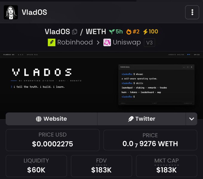 Cryptocurrency listing page for 'VladOS' token trading on Uniswap V3 via Robinhood, showing a price of $0.0002275 USD or 0.079276 WETH, with $60K liquidity and $183K FDV/market cap.