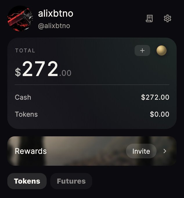 A mobile app wallet screen for user 'alixbtno' (@alixbtno) displays a total balance of $272.00 in cash with a Rewards invite option and Tokens/Futures tabs.
