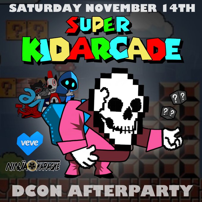 A promotional graphic for a "Super Kid Arcade" event on Saturday, November 14th, featuring a pixelated skeleton character with a pink outfit against a retro video game background with "VeVe" and "Ninja Karaoke" logos, announcing it as the "DCon Afterparty" — aligning with the post about a DCon Las Vegas meetup hosted by @veve_official.
