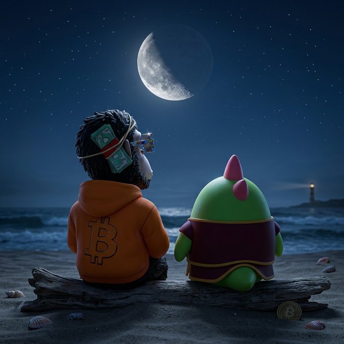 A 3D rendered illustration showing a boy in an orange Bitcoin hoodie and a green dinosaur-like creature sitting on a log, gazing at a crescent moon over the ocean at night, with dollar bills tucked behind the boy's ear and a Bitcoin coin nearby.