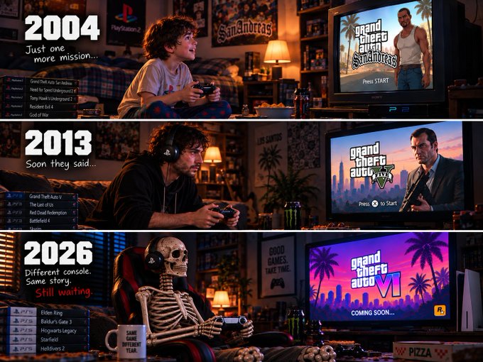 A three-panel meme showing a boy, then a young adult, then a skeleton still waiting for GTA VI in 2004, 2013, and 2026 respectively.