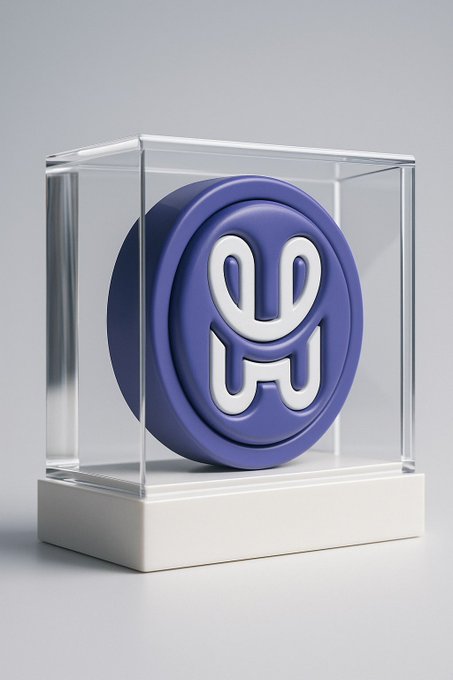 A stylized white logo featuring a "U" with rabbit-like ears sits centered inside a purple circular emblem, all displayed within a clear glass display case on a white pedestal—visually reinforcing the "$PACK" reference with its rabbit-eared "U" mascot.