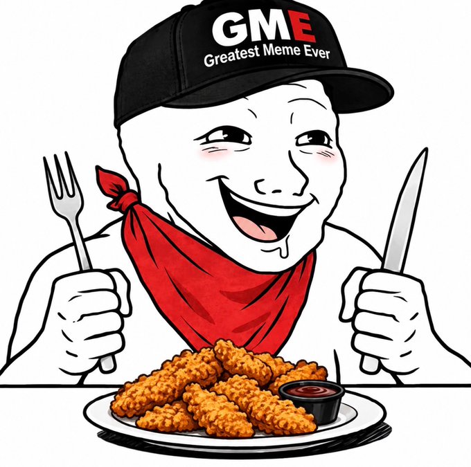 A cartoon illustration of the 'Wojak' meme character wearing a 'GME Greatest Meme Ever' hat and red bandana, drooling over a plate of fried chicken.