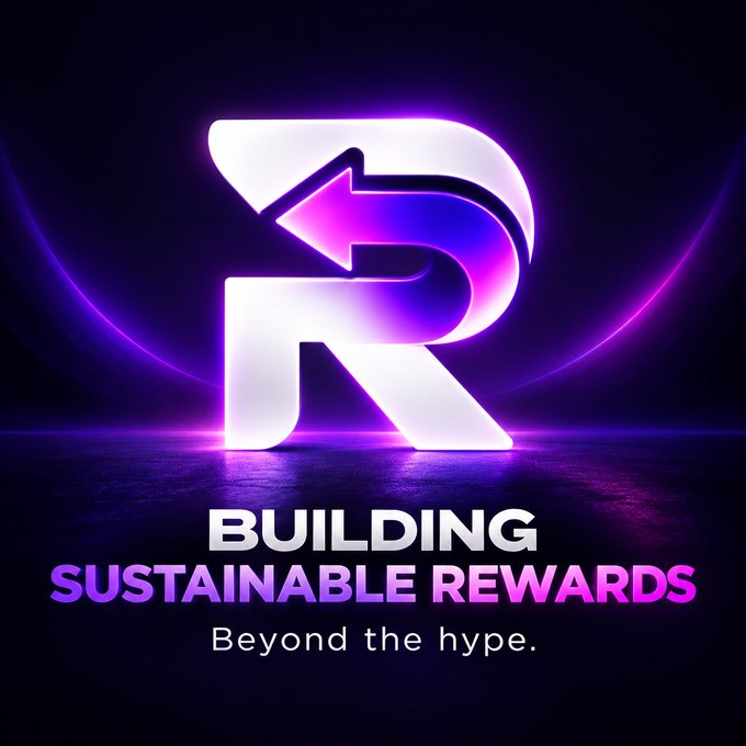 A neon purple-and-white stylized “R” logo appears on a dark background, with sweeping light trails and a reflective floor. The text reads “BUILDING SUSTAINABLE REWARDS” and “Beyond the hype.”
