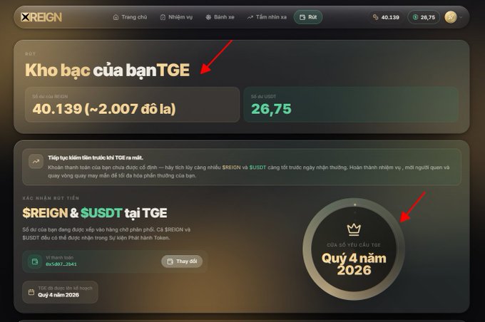 A Vietnamese cryptocurrency platform screenshot from 'REIGN' and 'TGE' showing a wallet balance of '40.139' and a 'Quý 4 năm 2026' launch circle highlighted by red arrows.