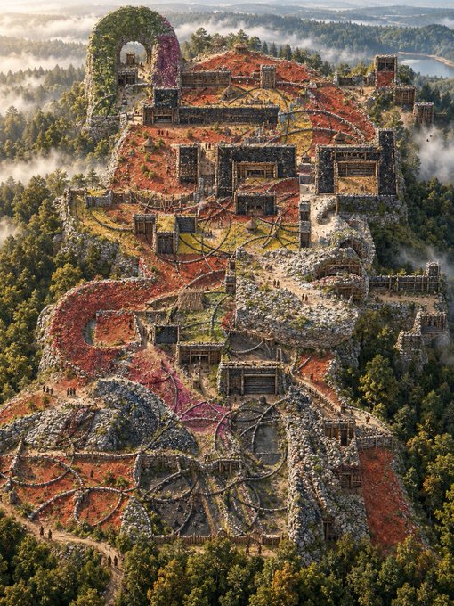 An AI-generated fantasy image showing a massive stone structure with terraces, arches, and tiny figures set amidst autumn-colored trees and mountains.