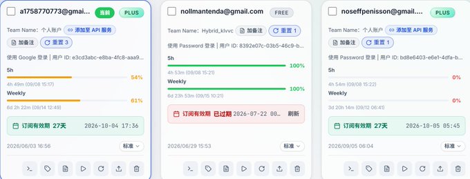 Three API subscription management cards are displayed on a screen, showing email addresses like 'ai758770773@gmail...', 'noilmantenda@gmail.com', and 'nosefpenisson@gmail...', along with usage statistics and expiry dates.