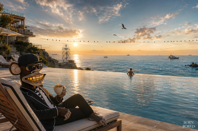 A monkey in sunglasses and a suit lounges by a luxurious infinity pool at sunset, sipping coffee while overlooking the ocean—a "Born Bored" watermark visible in the corner. The scene's leisure and anticipation perfectly mirror the post's message about embracing Web3's daily opportunities and enjoying the journey toward future wins.