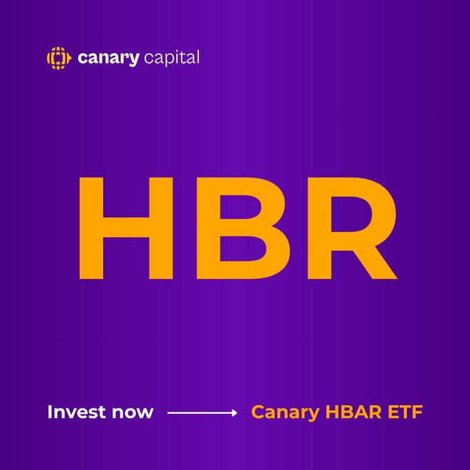 The image is a promotional graphic for Canary Capital featuring a purple background with "HBR" in large orange letters, alongside the Canary Capital logo and text reading "Invest now → Canary HBAR ETF," visually reinforcing the post's announcement about the launch of Canary Capital's HBAR ETF and its positioning of Hedera as enterprise-grade crypto for institutional investors.
