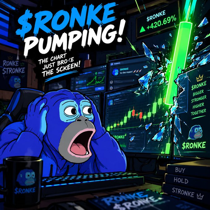 An AI-generated image features a blue gorilla excitedly watching a green candlestick chart breaking through a screen, with text '$RONKE PUMPING!' and '+420.69%'.