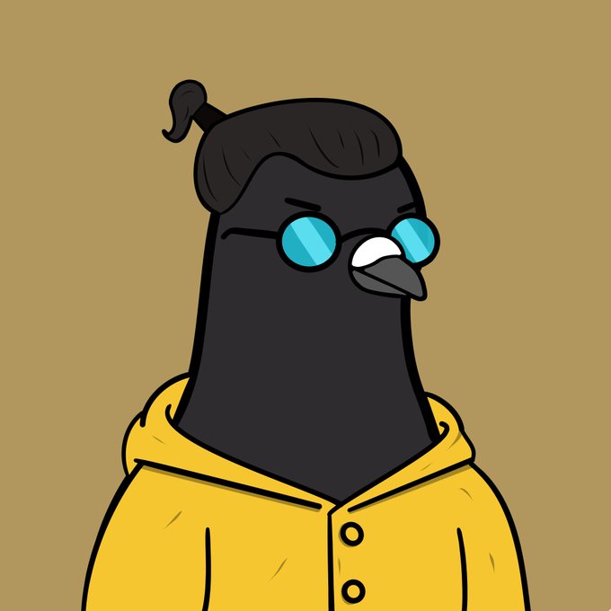 A cartoon illustration of a black pigeon-like bird wearing round blue sunglasses and a yellow hoodie against a tan background.
