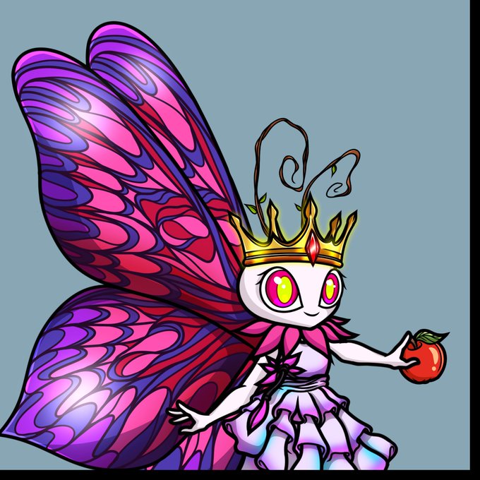 An illustration of a fairy-like character with large purple and pink butterfly wings, wearing a golden crown and white dress, holding a red apple.