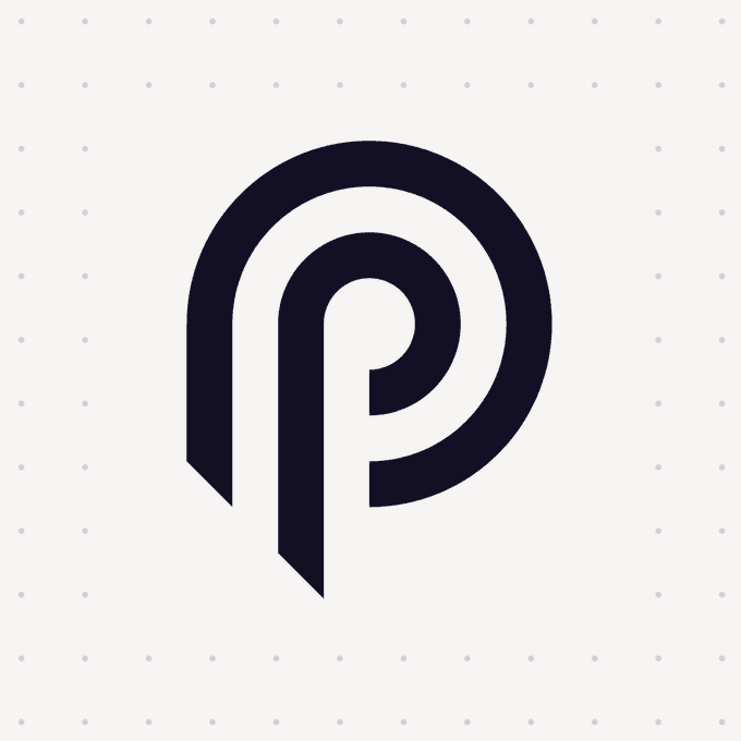 A dark navy blue stylized 'P' logo on a light gray background with a subtle dot pattern.