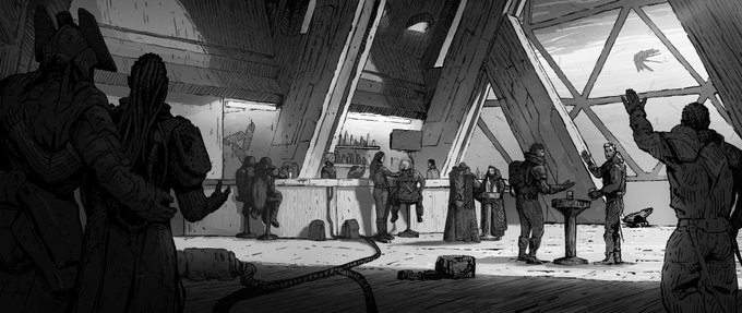 A black and white sketch shows a futuristic hangar-like space with various figures gathered around, where one figure on the right is raising their hand as if holding something, echoing the post's joke about holding a templar. The scene features angular architecture with triangular windows and silhouetted characters in what appears to be a trading or meeting area.