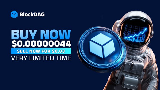A person wearing a silver suit with a blue cube design, an astronaut, stands against a blue background promoting a buy now offer. The text reads "BUY Now $0.00000044 SELL BDAG" indicating that users can sell their existing BlockDAG tokens for $0.0034, offering a 48-hour limited time sale where they can make maximum returns in the shortest amount of time.
