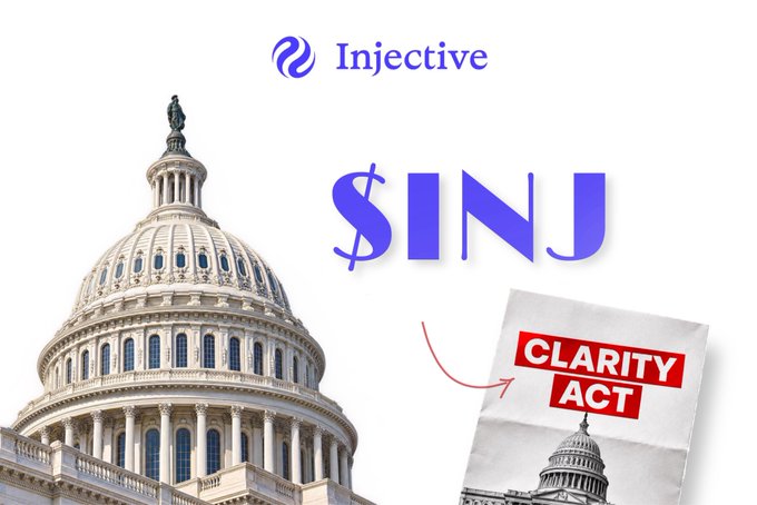 A graphic featuring the U.S. Capitol dome alongside the Injective ($INJ) logo and an image of the 'CLARITY ACT' document.