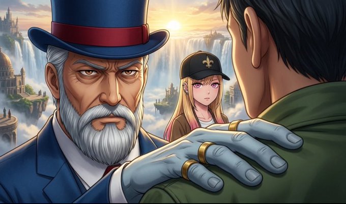 An anime-style illustration showing a stern older man with a white beard and top hat placing his gloved hand on the shoulder of another person, while a young girl with a baseball cap looks on against a fantasy backdrop of waterfalls and floating castles.