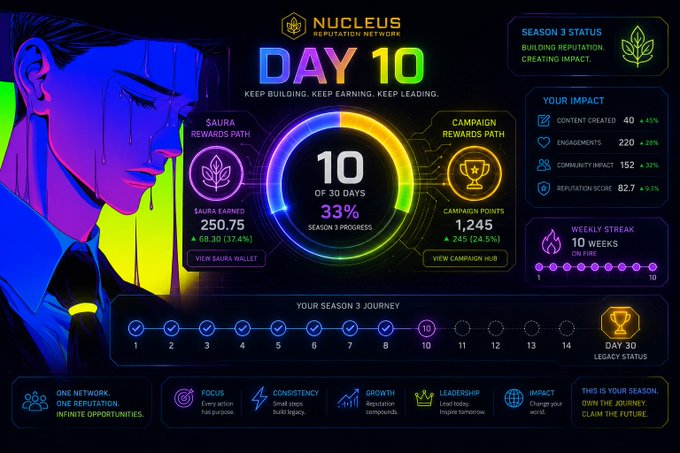 A digital dashboard titled "NUCLEUS REPUTATION NETWORK" showing "DAY 10" progress, with Saura Rewards of 250.75, Campaign Points of 1,245, and Season 3 Journey progress.