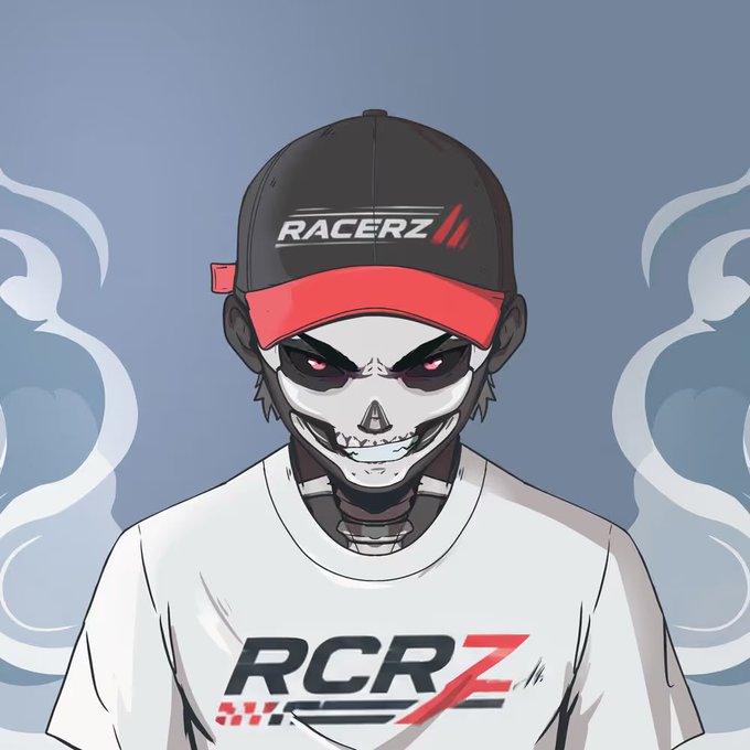 An anime-style illustration of a character wearing a black and red 'RACERZ' cap and a white 'RCRZ' t-shirt, with a menacing skull-like face and red glowing eyes.