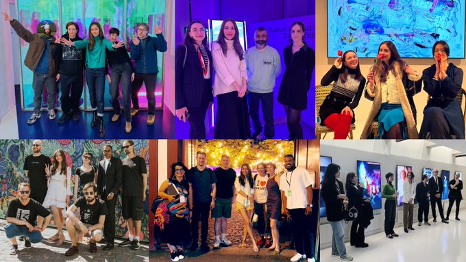 A collage of six group photos showing various people posing together at what appears to be art gallery events and social gatherings.