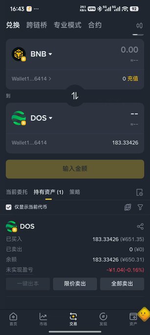 A mobile trading interface displays a token swap from BNB to DOS, with the user holding 183.33426 DOS tokens (valued at ~$651.35) and showing an unrealized loss of ¥1.04 (-0.16%). The screenshot illustrates the post's point about $DOS's strong exchange presence and steady performance, showing actual trading activity on the dappOS platform.