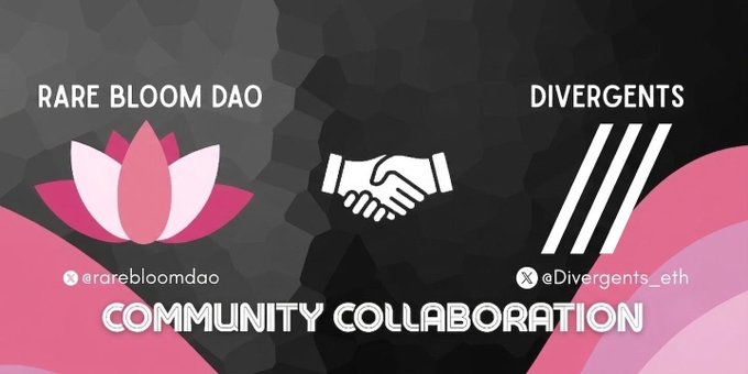 A promotional graphic announcing a community collaboration between Rare Bloom DAO (@rarebloomdao) and Divergents (@eDivergents_eth), featuring their logos separated by a handshake icon on a dark geometric background with pink accents, with "COMMUNITY COLLABORATION" displayed at the bottom—visually highlighting the partnership that grants Bloomers early access to the 10,000-piece Ethereum NFT collection launching on OpenSea on August 14th.