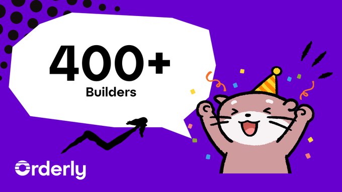 A celebratory purple graphic features a cheerful cartoon cat wearing a party hat, with a speech bubble announcing "400+ Builders" alongside the Orderly logo. The image visually reinforces the milestone of 400+ DEXs being live on Orderly, matching the post's celebration of the platform's growing ecosystem.