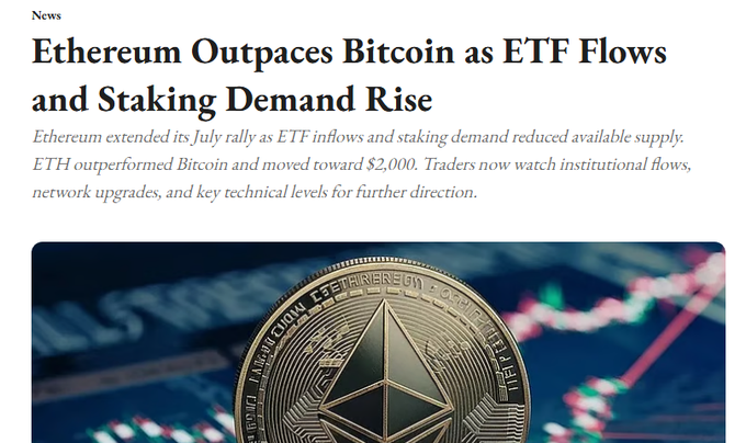 A news article headlined "Ethereum Outpaces Bitcoin as ETF Flows and Staking Demand Rise" features an image of a gold Ethereum coin set against a backdrop of financial charts, illustrating the story's theme of ETH gaining on BTC amid shifting ETF dynamics—specifically the $11.7 million net inflow into US spot Ethereum ETFs (led by BlackRock's ETHA) while Bitcoin ETFs saw outflows on July 27.