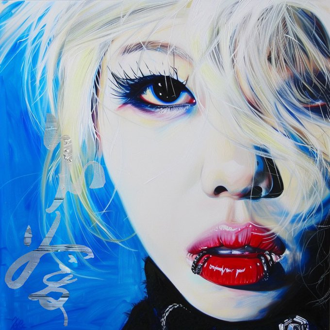 A close-up painted portrait of a blonde woman with striking blue eyes, red lips, and a lip ring against a blue background.