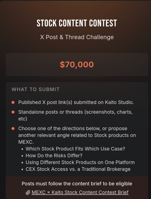 Promotional graphic for a 'STOCK CONTENT CONTEST' X Post & Thread Challenge offering a $70,000 prize pool, with submission details for the MEXC x Kaito Stock Content Contest.