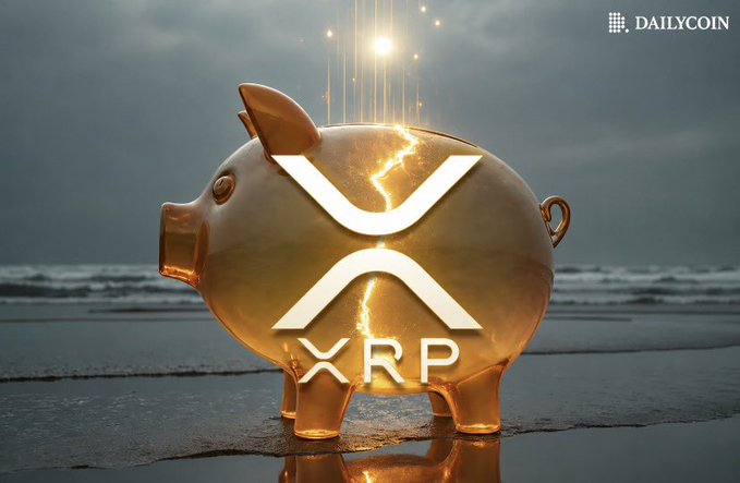 A promotional graphic from DAILYCOIN featuring a glowing golden piggy bank etched with the XRP (Ripple) logo on a beach.