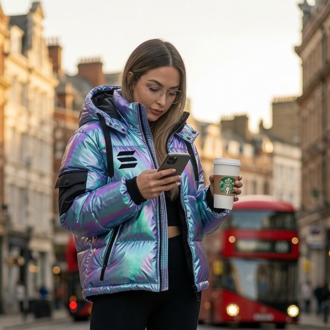 A woman wearing a colorful iridescent puffer jacket looks at her phone while holding a Starbucks coffee cup, with a red double-decker bus in the background.