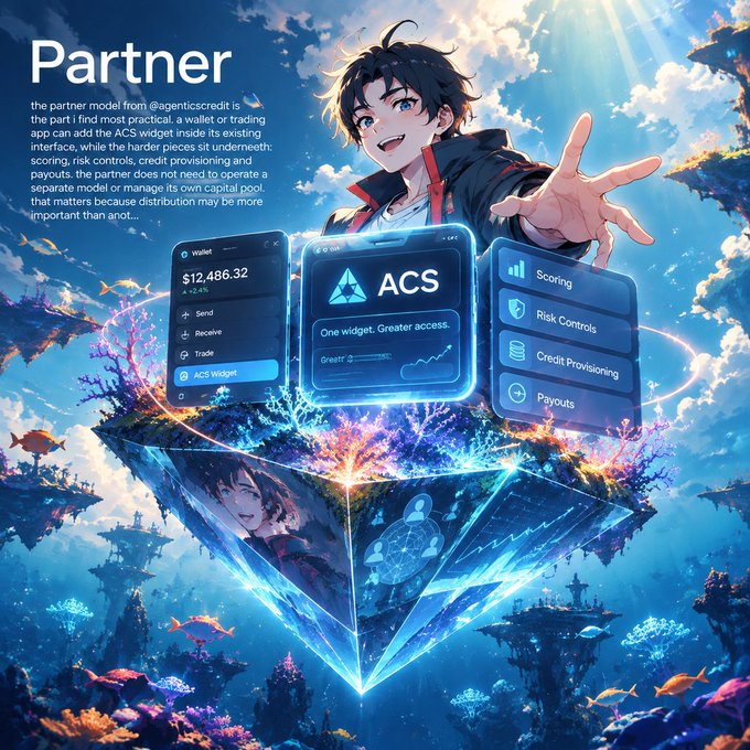 Anime-style illustration for 'Partner' promoting the ACS widget from agenticscredit, featuring a male character above floating underwater diamond platforms with scoring, risk controls, credit provisioning, and payouts features.