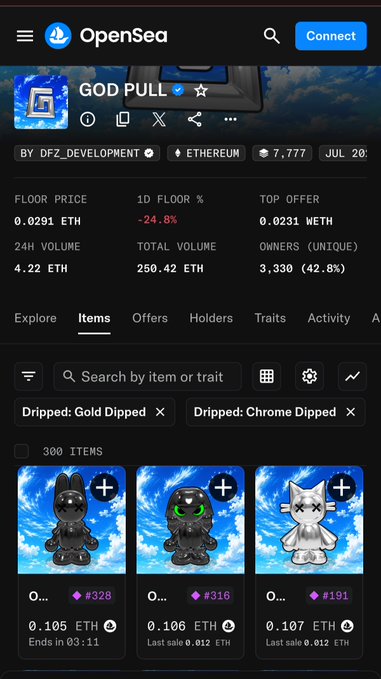 A screenshot of the OpenSea NFT marketplace displaying the 'GOD PULL' collection by DFZ_DEVELOPMENT on Ethereum, showing item listings with prices around 0.1 ETH.