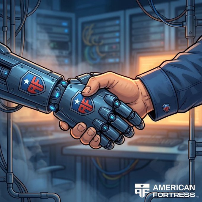 Illustration for American Fortress depicting a handshake between a human hand and a robotic hand with the 'AF' shield logo, set in a server room.