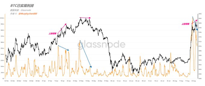 A Glassnode chart titled "BTC已实现利润" (BTC Realized Profit) shows Bitcoin's price action with 24-hour realized profit over a ~3-month span, featuring Chinese annotations "上涨顶部" (top of the rise) marking two peaks (around $80K in mid-May and late-July at ~$80,600), illustrating potential energy divergence as price highs no longer correspond to escalating realized profit levels.