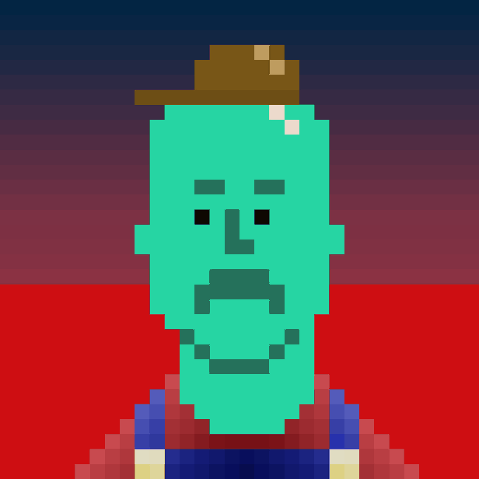 A pixel art portrait of a person with green-tinted skin, a brown cowboy hat, and a beard against a red and dark blue gradient background.