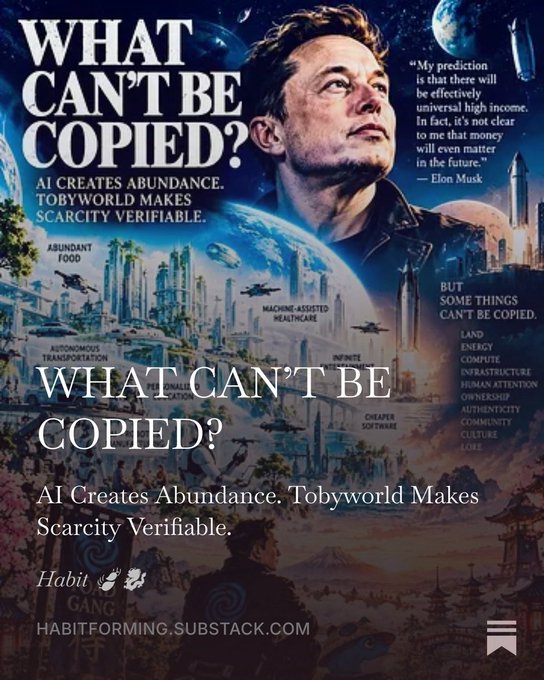 A promotional graphic titled 'WHAT CAN'T BE COPIED?' featuring a portrait of Elon Musk with a quote about universal high income, set against a futuristic cityscape with text reading 'AI CREATES ABUNDANCE. TOBYWORLD MAKES SCARCITY VERIFIABLE.' and a Substack link.