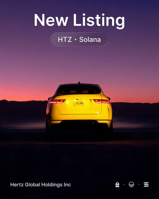 A promotional graphic announces a "New Listing" with a yellow car featuring a "SOLANA" license plate parked against a purple sunset backdrop, displaying the ticker "HTZ · Solana" and identifying the company as "Hertz Global Holdings Inc," visually tying Hertz's real-world fleet of ~500,000 vehicles to its new tokenized representation on the Solana blockchain via Backpack and Sunrise.