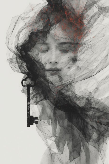 A surreal monochromatic portrait of a woman with closed eyes, shrouded in wispy black fabric with red accents, with a key hanging in the foreground.