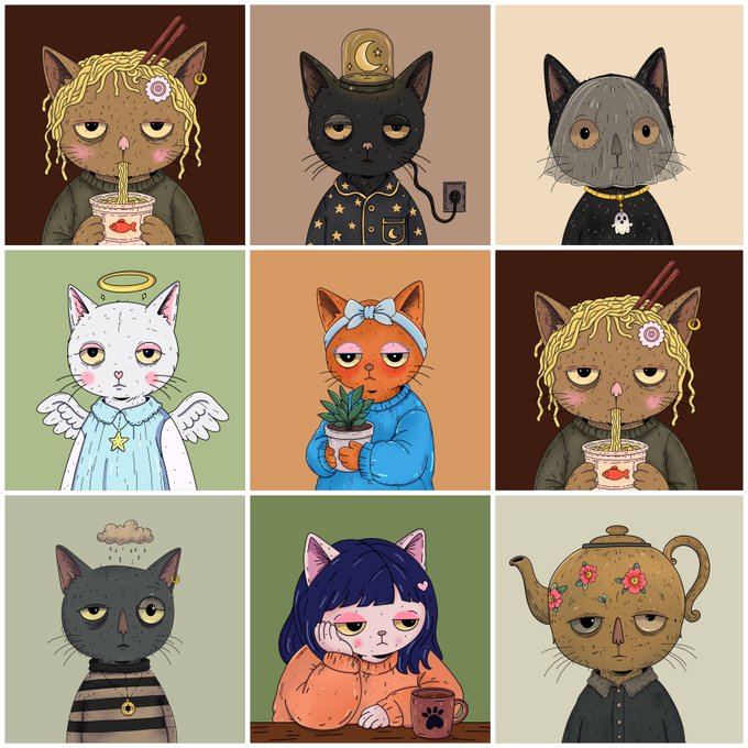 A 3x3 grid of whimsical, illustrated cat characters with various accessories, including angel wings, a teapot head, a noodle bowl, and stars.
