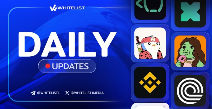 The image features a blue banner with white text that reads "Daily Updates" at the top, followed by a list of various cryptocurrency logos below. The first logo on the list is for Bitcoin, while the last one is for Gate. The image also includes a small cartoon penguin and a person holding a donut in the bottom right corner. The post appears to be about cryptocurrency updates or news related to different cryptocurrencies like Bitcoin, Gate, and KuCoin.