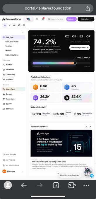 A mobile screenshot of the portal.genlayer.foundation website showing GenLayer statistics including 74.2% of points distributed, 6.8K builders, 46 validators, 36.2K creators, and 52.6K contributors.