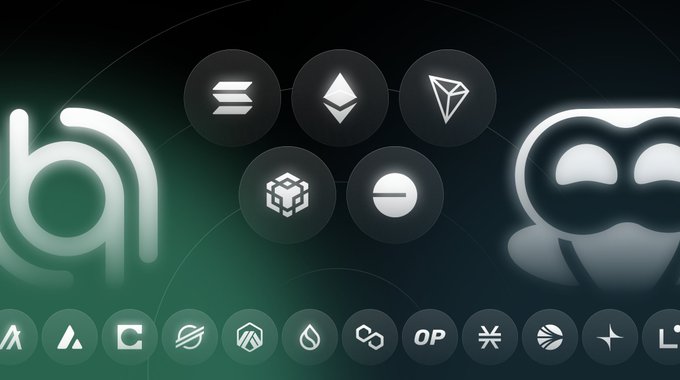 A dark-themed graphic displaying various cryptocurrency logos including Solana, Ethereum, TRON, and others, alongside stylized cartoon character icons.